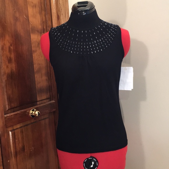 Black Emma James sleeveless turtleneck with beaded neckline, MP - Picture 1 of 5